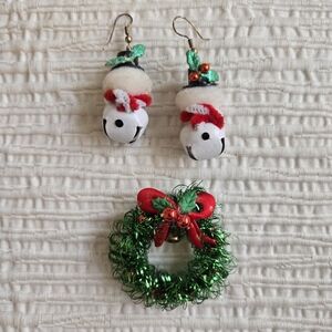 🎄 Christmas Jingle Bell Earrings & Wreath Pin